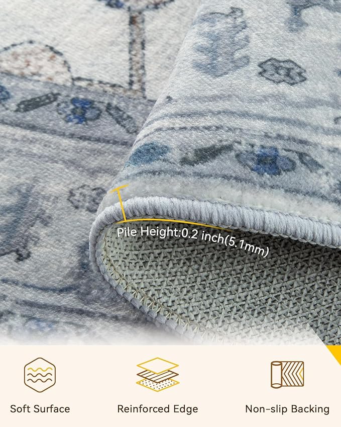 Area Rugs 6ft Washable Non-Slip, Floral Vintage Distress Print Pattern Medallion Carpet for Living Room Bedroom Dining Room, Light Blue Navy Beige Gray White