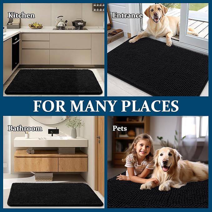 OLANLY Dog Door Mat for Muddy Paws 40x32, Absorbs Moisture and Dirt, Absorbent Non-Slip Washable Doormat, Quick Dry Chenille Mud Mat for Dogs, Entry Indoor Entryway Carpet for Inside Floor, Black