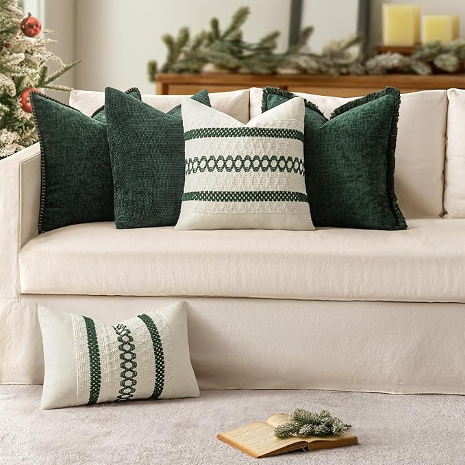 MIULEE Pack of 2 Christmas Pillow Covers 20x20 Inch Dark Green Farmhouse Decorative Throw Pillow Covers with Stitched Edge Soft Chenille Solid Dyed Couch Pillow Covers for Sofa Bed Living Room