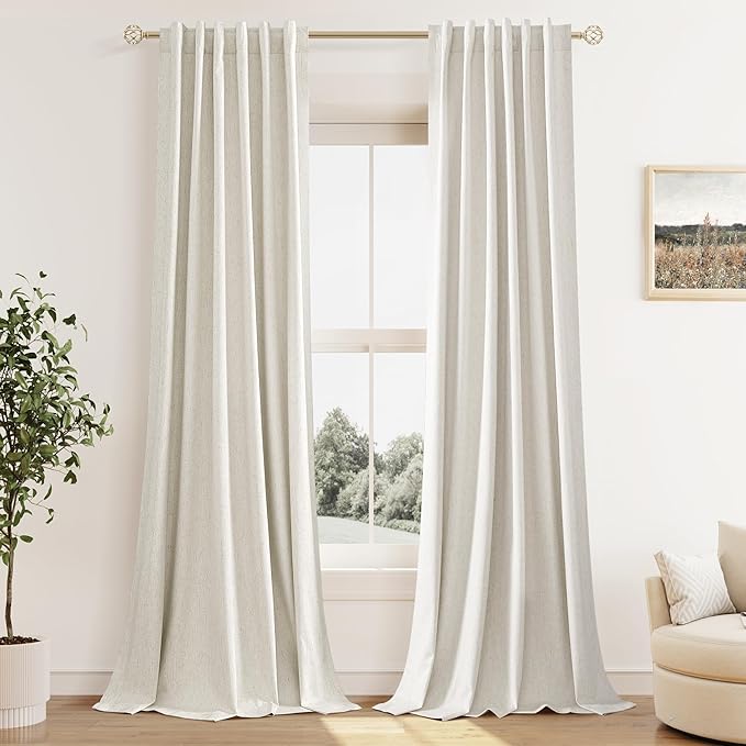Guken 100% Blackout Cream Linen Curtains 40 Inch Wide by 90 Inch 2 Panels Set for Living Room Bedroom Back Tab Thermal Insulated Black Out Linen Drapes Room Darkening Window Curtains, Cream