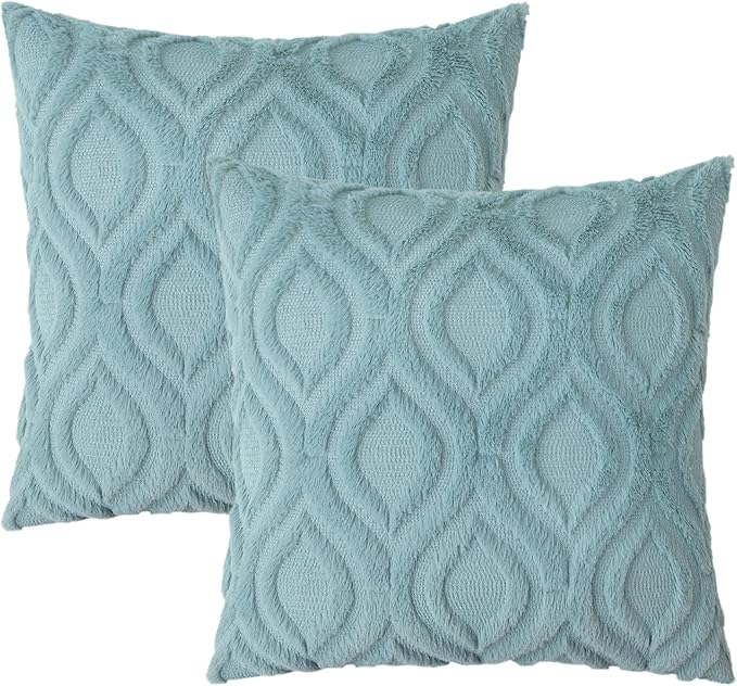 decorUhome Summer Throw Pillow Covers 20x20 Inch Set of 2, Soft Plush Faux Wool Aqua Solid Couch Pillow Covers, Accent Farmhouse Neutral Square Pillow Cases for Sofa Bed Living Room