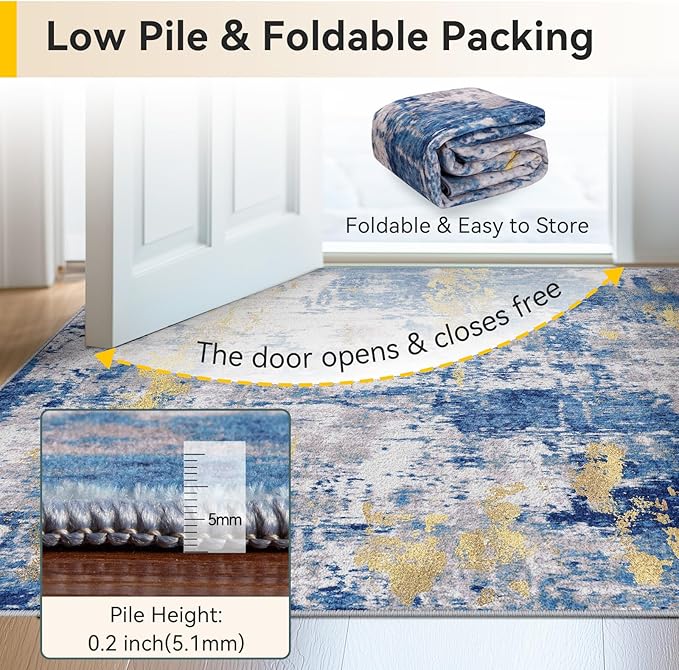 Washable Area Rugs Square 7ft Non-Slip Modern Abstract Soft for Living Room Entryway Bedroom Nursery, Print Pattern, Grey Blue Gold/Golden