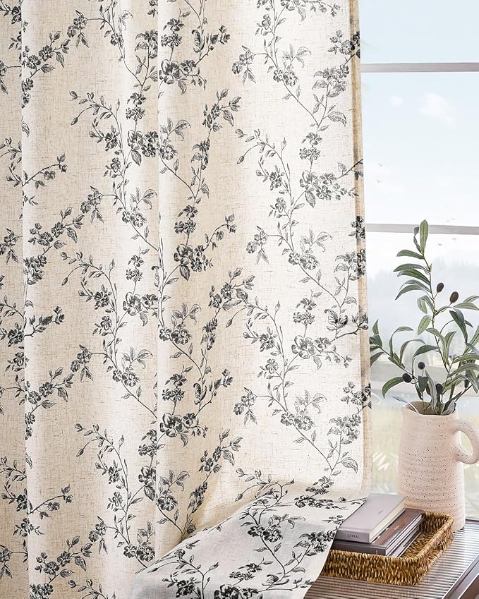 Lazzzy Farmhouse Linen Curtains Black Floral Curtains 84 Inch Length Back Tab Drapes for Living Room Bedroom Light Filtering Country Vintage Rod Pocket, 2 Panels, Black on Beige