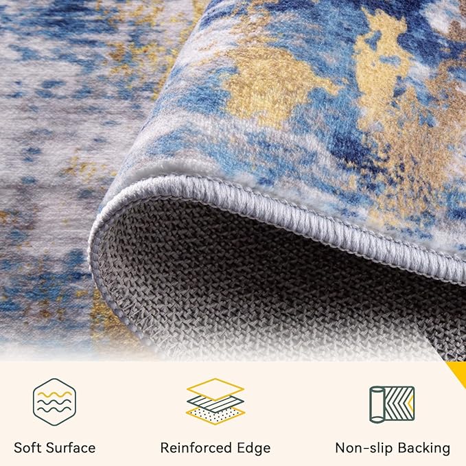 Washable Area Rugs7'x9' Non-Slip Modern Abstract Soft for Living Room Entryway Bedroom Nursery, Print Pattern, Grey Blue Gold/Golden