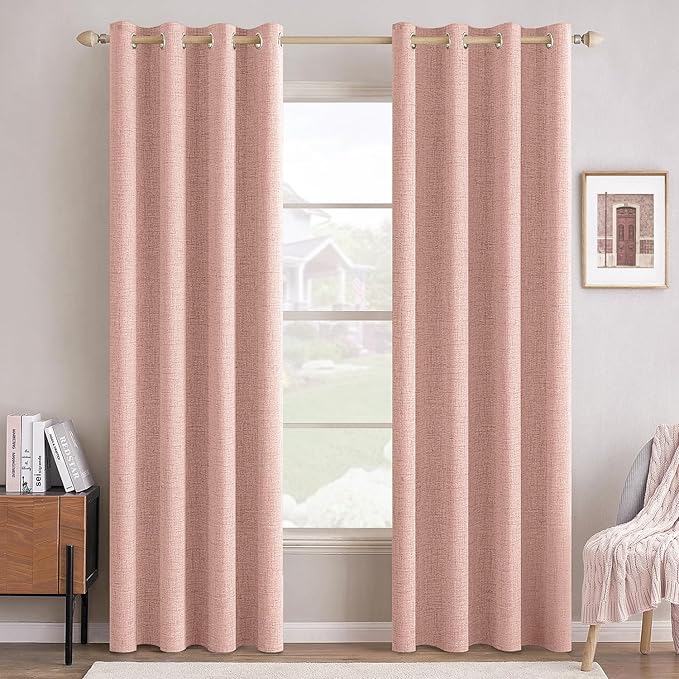 MIULEE 100% Blackout Linen Curtains for Bedroom Thermal Insulated Blush Pink Grommet Room Darkening Curtains & Drapes for Living Room Nursery 52 x 96 Inch (2 Panels)