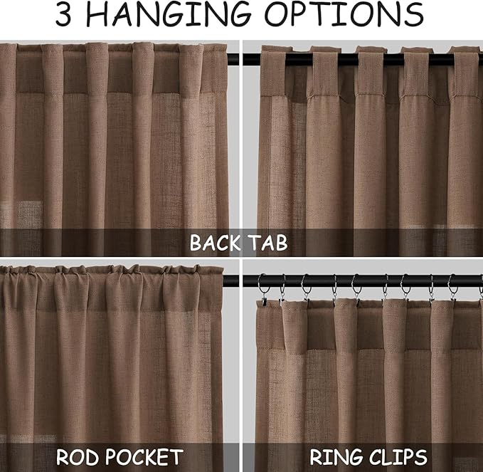 Nanspring Caramel Brown Linen Curtains for Living Room 92 Inches Long Back Tab Light Filtering Semi Sheer Vintage Rustic Curtain Luxury Boho Decor Drapes for Bedroom Office 52x92, 2 Panels