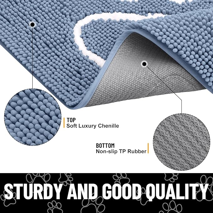 Smiry Dog Door Mat for Muddy Paws, Absorbent Dirt Trapper Non Slip Quick Dry Washable Chenille Mat for Mud Dogs, Entry Rug for Indoor and Outdoor (30x20 Inches, Airy Blue and White)