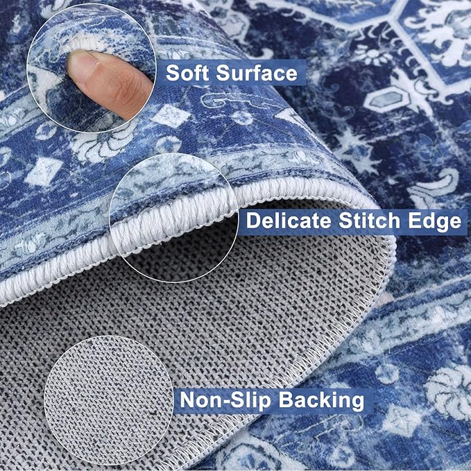 Yamaziot Washable Runner Rug, 2x6 Non-Slip Boho Vintage Hallway Rug Runner with Rubber Backing, Stain Resistant & Low Pile Faux Wool Distressed Carpet Runner for Kitchen, Laundry, Entrance, Blue