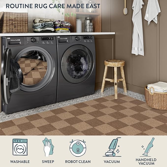 Lahome Colette Checkered Easy Jute Living Room Rugs, 5x7 Large Dining Room Office Carpet Farmhouse Washable Area Rug, Checkerboard Neutral Non Slip Indoor Outdoor Carpet for Bedroom Entry Patio