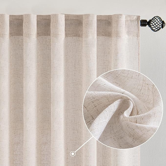 MIULEE Natural White Linen Curtains 132 Inch Length 2 Panels for Bedroom Living Room, Soft Thick Linen Textured Window Drapes Semi Sheer Light Filtering Back Tab Rod Pocket Burlap Look Decor
