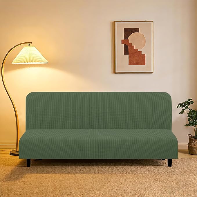 U-NICE HOME Stretch Futon Cover Armless Bed Slipcover - Soft Jacquard Fabric Washable for Pet Friendly, Loden Frost