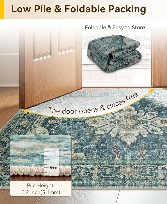RELEANY Area Rugs 3'x9' Runner Rug Non Slip Washable for Kitchen Hallway Bedroom Beside Laundry Room Bathroom Rug, Floor Carpet, Dark Blue Vintage