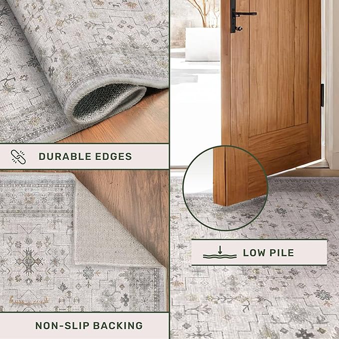 Light Grey 2x7 Boho Bathroom Runner Rug - Modern Vintage Eclectic Floral Pastel Neutral Taupe, Washable Low Pile Non-Slip Runner Rugs for Hallway, Kitchen, Door Mat Indoor Entrance, Bedroom Beside Bed