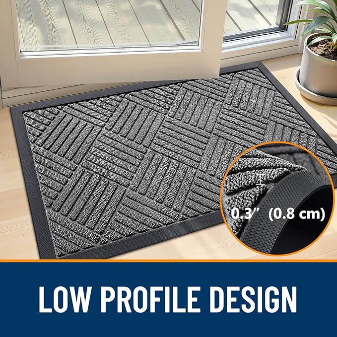 OLANLY Front Door Mat Outside Entrance 47x17, Absorbent, Heavy Duty Sturdy Natural Rubber Doormat Indoor Outdoor, Stain and Fade Resistant, Non-Slip Low Profile Floor Mat for Entryway, Grey Diamond