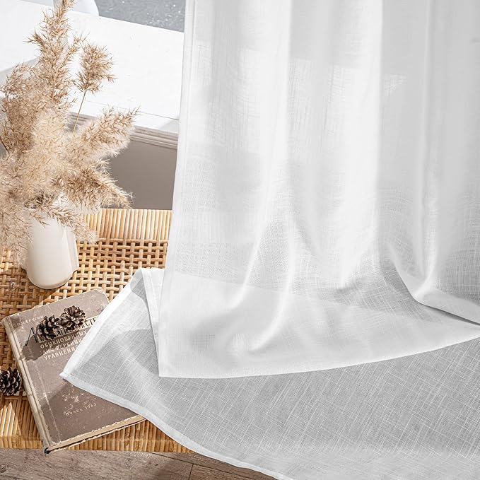 MIULEE White Linen Curtains Short 63 Inch Long 2 Panels for Kitchen Bedroom, Soft Thick Linen Textured Window Drapes Semi Sheer Light Filtering Back Tab Rod Pocket Burlap Look Decor