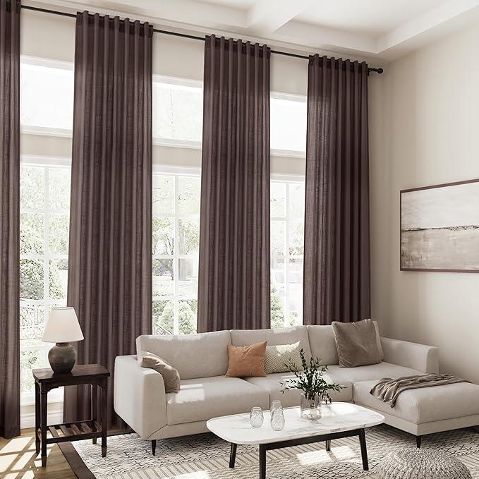 Nanspring Coffee Linen Semi Sheer Curtains 108 Inches Long 2 Panels Set Back Tab Loop Pocket Boho Large Window Curtain Extra Long Light Filtering Drapes High Ceiling Curtains for Living Room 52x108