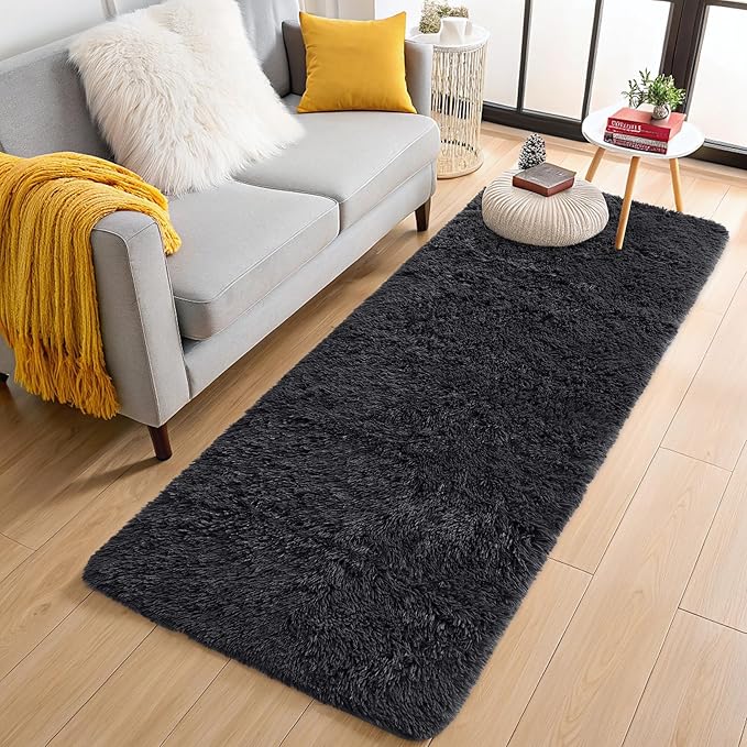 OLANLY 2x9 Machine Washable Runner Rugs for Hallway, Soft Fluffy Shaggy Bedside Rugs for Bedroom, Living Room, Indoor Floor Carpet for Kids Girls and Boys, Nursery Rooms, Home Decor Aesthetic, Black