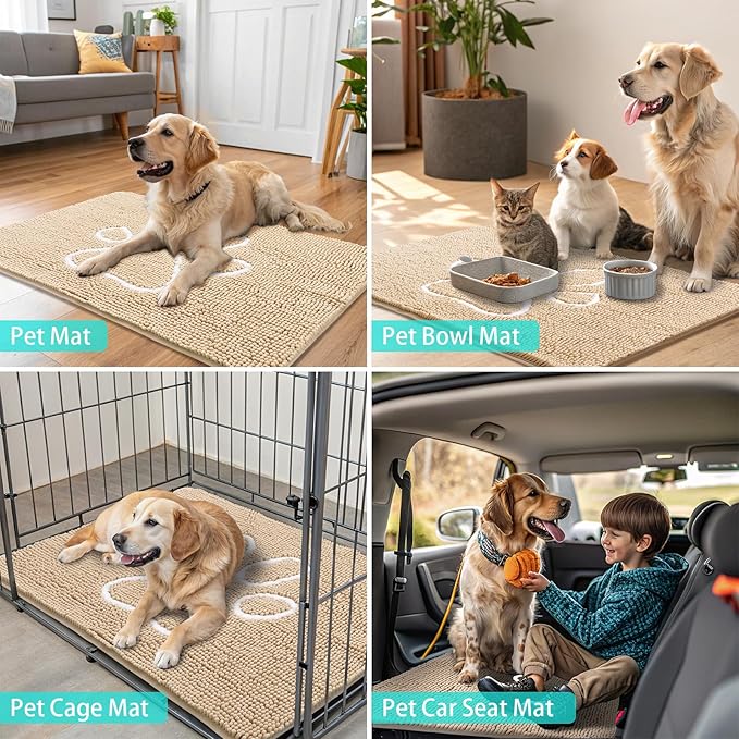 Smiry Dog Door Mat for Muddy Paws, Absorbent Dirt Trapper Non Slip Quick Dry Washable Chenille Mat for Mud Dogs, Entry Rug for Indoor and Outdoor (54x32 Inches, Beige and White)