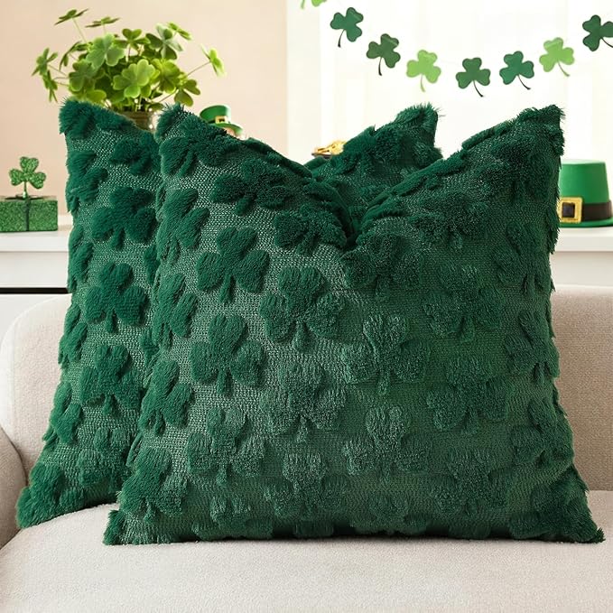 decorUhome St. Patrick’s Day Shamrock Green Pillow Covers 16x16 Inch Set of 2, Soft Plush Faux Wool Throw Pillow Covers, Farmhouse Spring Holiday Decor for Sofa Living Room