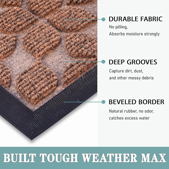 Bulijojo Sturdy Front Entrance Doormats,Durable Heavy Duty Welcome Mat,Thick Absorbent Natural Rubber Non Slip Mat,Easy Clean Entryway Mat Geometric Brown 23"x35"