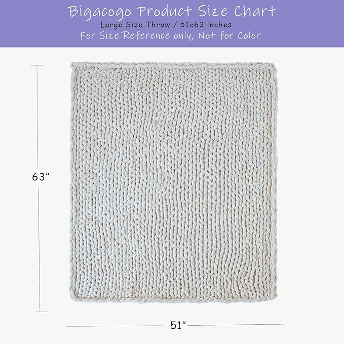 Bigacogo Chunky Knit Throw Blanket for Couch, 51x63 inches, 100% Hand Knitted with Thick Jumbo Chenille Yarn, Cozy Soft Large Rope Knot Cable Crochet Blankets for Sofa Bed Living Room, Bright Blue