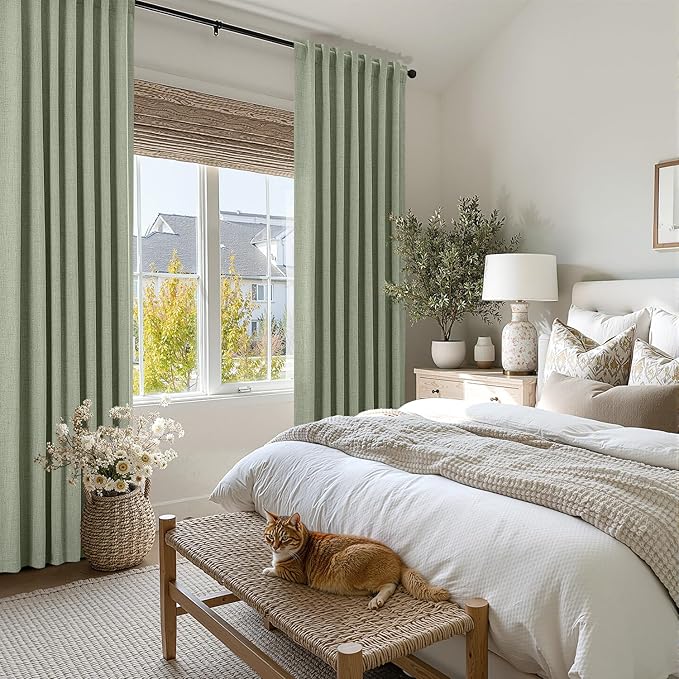 MIULEE 100% Blackout Linen Curtains for Bedroom, Sage Green Solid Luxury Decor Thermal Insulation Room Darkening Drapes for Living Room Nursery Back Tab Rod Pocket 42 x 96 Inches, 2 Panels