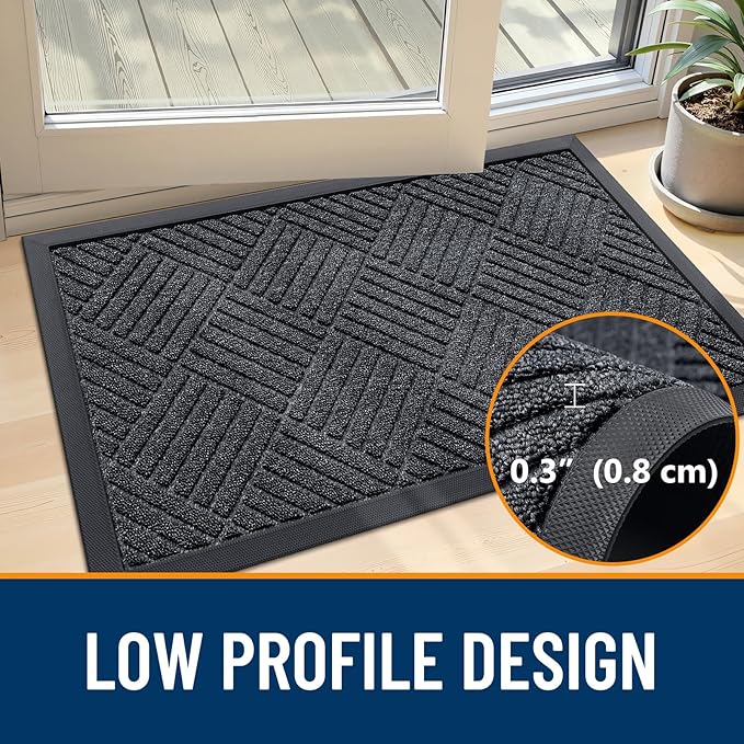 OLANLY Front Door Mat Outside Entrance 33x21, Absorbent, Heavy Duty Sturdy Natural Rubber Doormat Indoor Outdoor, Stain Fade Resistant, Non-Slip Low Profile Floor Mat for Entryway, Black Gray Diamond
