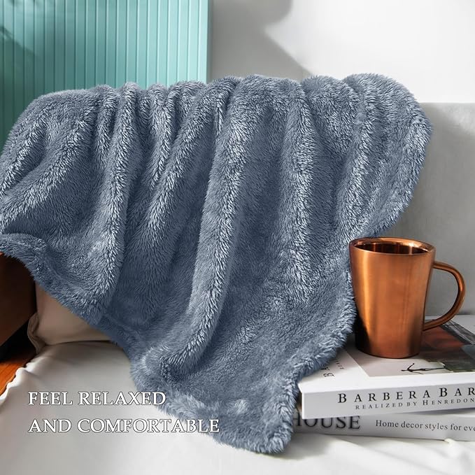 Exclusivo Mezcla Plush Fuzzy Fleece Bed Blanket Queen Size, Super Soft, Fluffy and Warm Blankets for Couch, Bed, All Season (Stone Blue, 90x90 Inches)