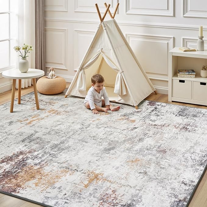 Rugflix 5x7 Area Rugs for Living Room, Washable Large Rug Stain-Resistant Low Pile, Modern Neutral Carpet for Dining Room Home Office Kid Room Nursery Bedroom, Grey Brown