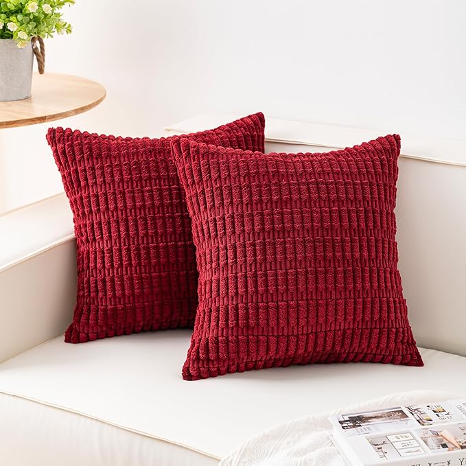 Pack of 2 Corduroy Decorative Throw Pillow Covers 22x22 Inch Soft Striped Pillow Covers Modern Farmhouse Home Decor for Sofa Living Room Couch Bed（Wine Red）