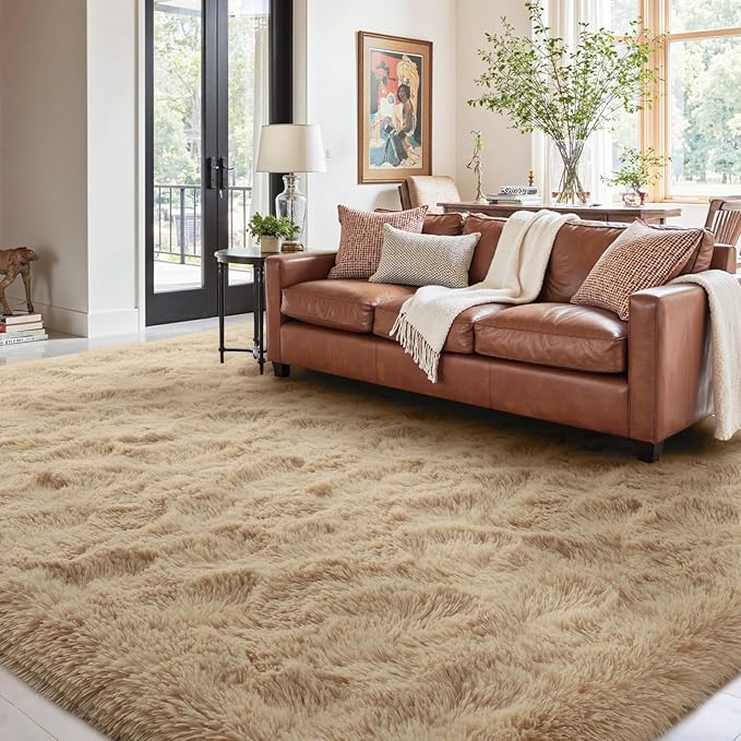 9x12 Ft Extra Large Shag Beige Rugs for Living Room Bedroom, Ultra Soft Fluffy Furry Area Rugs for Playroom Indoor Floor, Aesthetic Carpet for Kids Home Decor