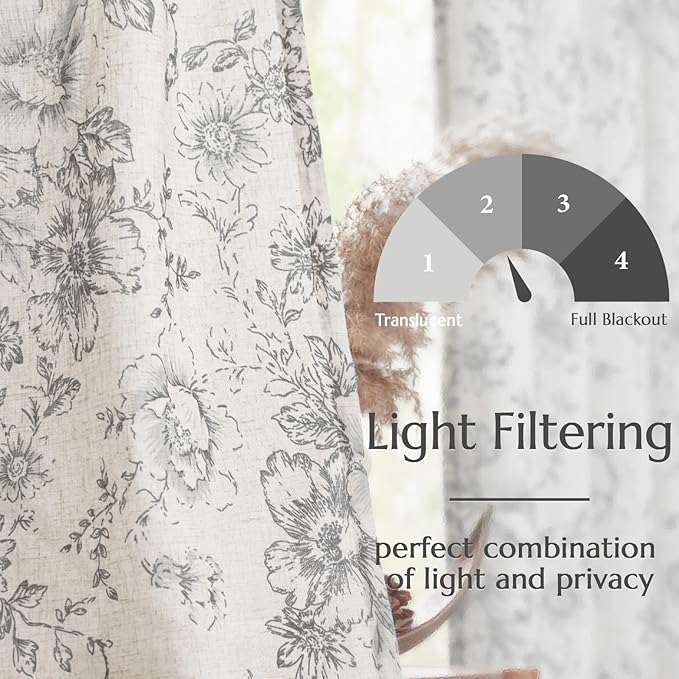 jinchan Linen Blend Curtain Floral Curtains for Living Room 96 Inch Length Grey Printed Curtain Rod Pocket Back Tab Farmhouse Peony Flower Patterned Drapes Bedroom Window Curtains Set 2 Panels