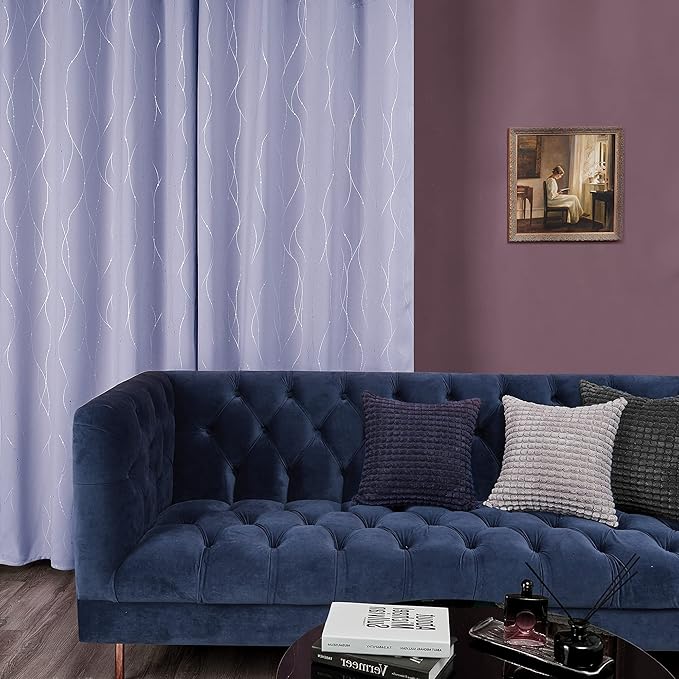 Deconovo Blackout Curtains, Thermal Insulated Soundproof Drapes with Wave Dots Foil Print, 38 x 36 Inch, Set of 2, Machine Washable Window Curtain for Bedroom Living Room Nursery Kitchen, Light Purple