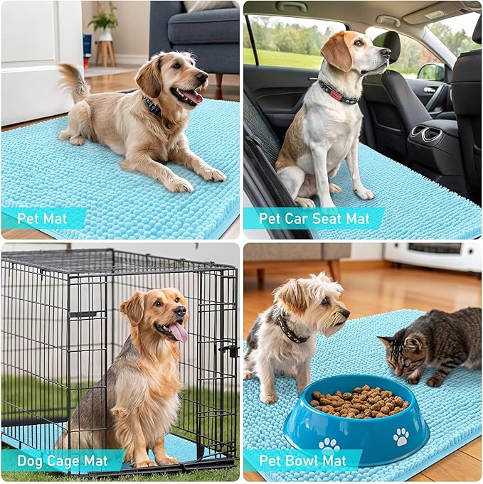 OLANLY Dog Door Mat for Muddy Paws 70x46, Absorbs Moisture and Dirt, Absorbent Non-Slip Washable Doormat, Quick Dry Chenille Mud Mat for Dogs, Entry Indoor Entryway Carpet for Inside Floor, Blue