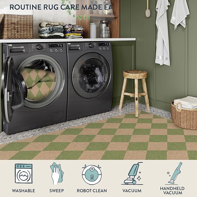 Lahome Colette Checkered Green Runner Rug, 2x8 Carpet Runners for Hallway 8ft Non Slip Entryway Rug, Farmhouse Checkerboard Non Shedding Kitchen Mats for Floor Laundry Corridor