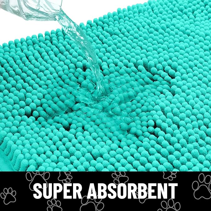 Smiry Dog Door Mat for Muddy Paws, Absorbent Dirt Trapper Non Slip Quick Dry Washable Chenille Mat for Mud Dogs, Entry Rug for Indoor and Outdoor (40x32 Inches, Turquoise and White)