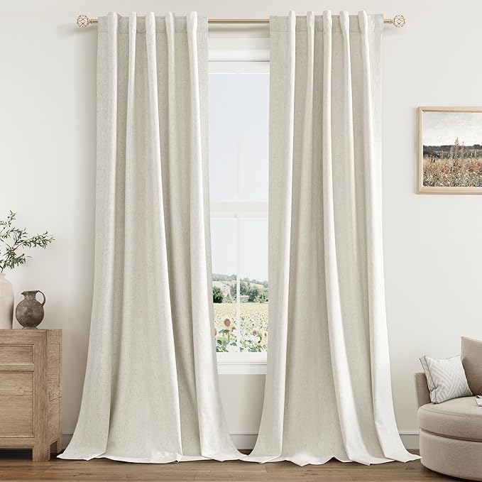 Guken Cream 100% Blackout Linen Curtains 38 Inch Wide by 84 Inch for Living Room Bedroom Back Tab/Rod Pocket Thermal Insulated Black Out Drapes Room Darkening Farmhouse Window Curtains