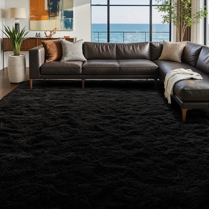9x12 Ft Large Shag Black Rug for Living Room, Ultra Soft Fluffy Furry Area Rugs for Bedroom Indoor Floor, Aesthetic Carpet for Kids Home Decor