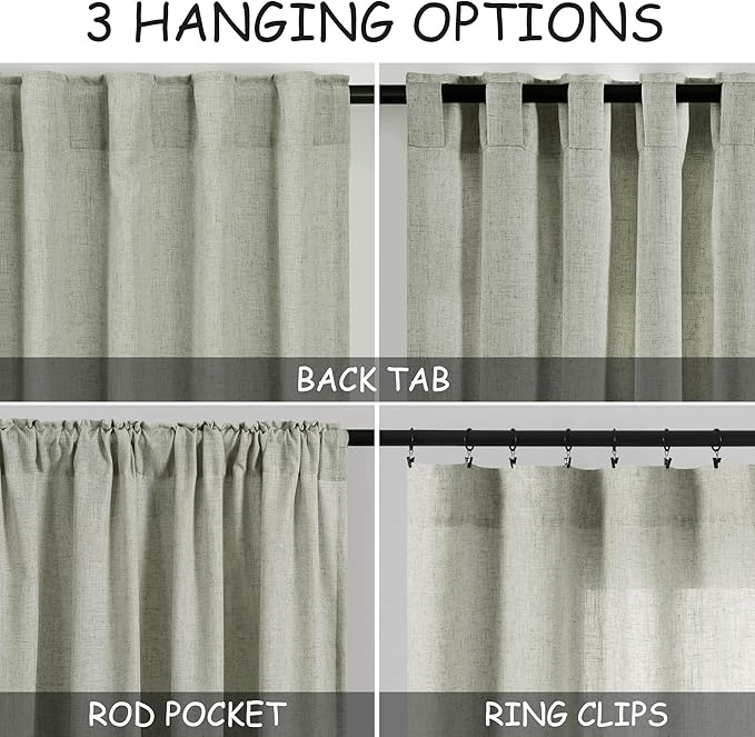 Nanspring Sage Green Linen Blend Light Filtering Curtains 86 Inches Long 2 Panel Set Pocket Back Tab Light Green Privacy Semi Sheer Decorative Decor Curtain Drapes for Bedroom Living Room 52x86