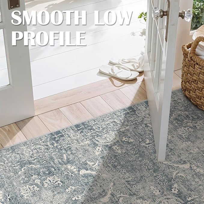 2'6"x14' Washable Hallway Runner Rug - Non Slip Kitchen Runner Rugs with Rubber Backing Vintage Low-Pile Carpet Runners for Entryway Dining Room Laundry Room Home Decor (Blue)