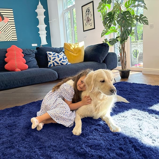 OLANLY 10x12 Machine Washable Large Area Rugs for Living Room, Bedroom, Soft Fluffy Shaggy Bedside Rug, Indoor Floor Carpet for Kids Girls and Boys, Dorms, Nursery, Home Decor Aesthetic, Navy Blue