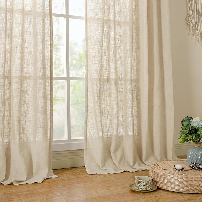 LAMIT 24 Inch Cafe Linen Curtains for Kitchen Window, Semi Sheer Light Filtering Short Curtains Back Tab and Rod Pocket Neutral Drapes for Bathroom/Basement, 2 Panels, Linen, 34 x 24 Inch