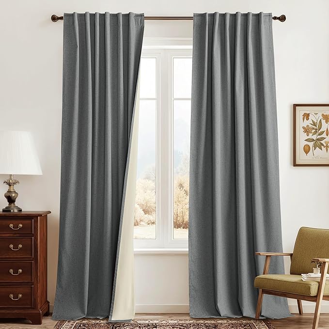 RYB HOME Grey Linen Blackout Curtains for Sliding Glass Door, 100% Blackout Linen Textured Thermal Privacy Modern Drape Panels for Dining Room Large Window, 52" W x 90" L, 2 Panels Set