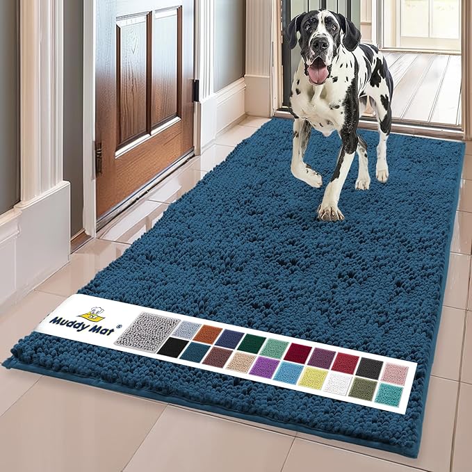Muddy Mat® | Super Absorbent Door Mat Indoor, Microfiber Quick Dry Chenille Entryway Rug, Non-Slip Front Door Mat, Indoor Mats for Entryway, Machine Washable Pet Rug, Atlantic Blue 24"x72"