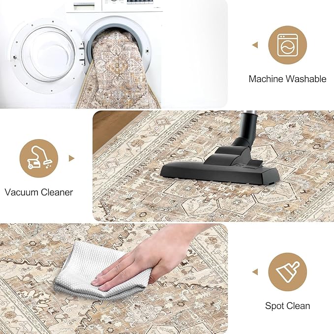 Yamaziot Washable Runner Rug, 3x8 Non-Slip Boho Vintage Hallway Rug with Rubber Backing, Low Pile Faux Wool Distressed Carpet Runner for Bedroom, Kitchen, Laundry, Entrance