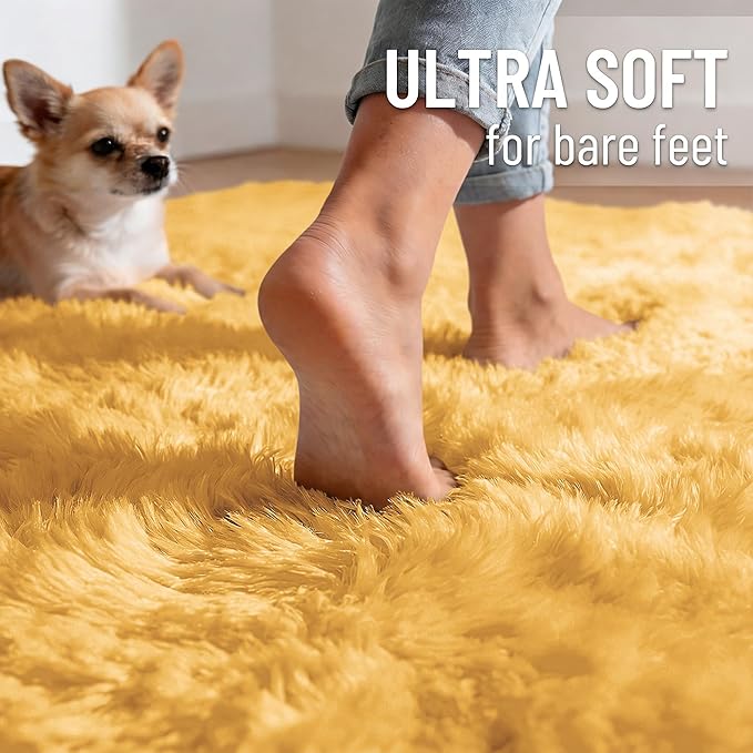 OLANLY Area Rugs for Living Room Bedroom, Machine Washable 4x5.9 ft Soft Fluffy Shaggy Bedside Rug, Indoor Floor Carpet for Kids Girls and Boys, Dorms, Nursery Rooms, Home Decor, Mustard Yellow