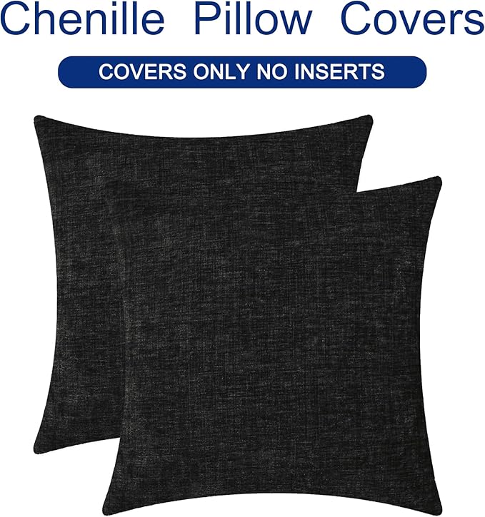 CaliTime Throw Pillow Covers Decorative 18 X 18 Inches Pack of 2 Cozy Chenille Cushion Cases for Couch Sofa Bed Living Room Home Black
