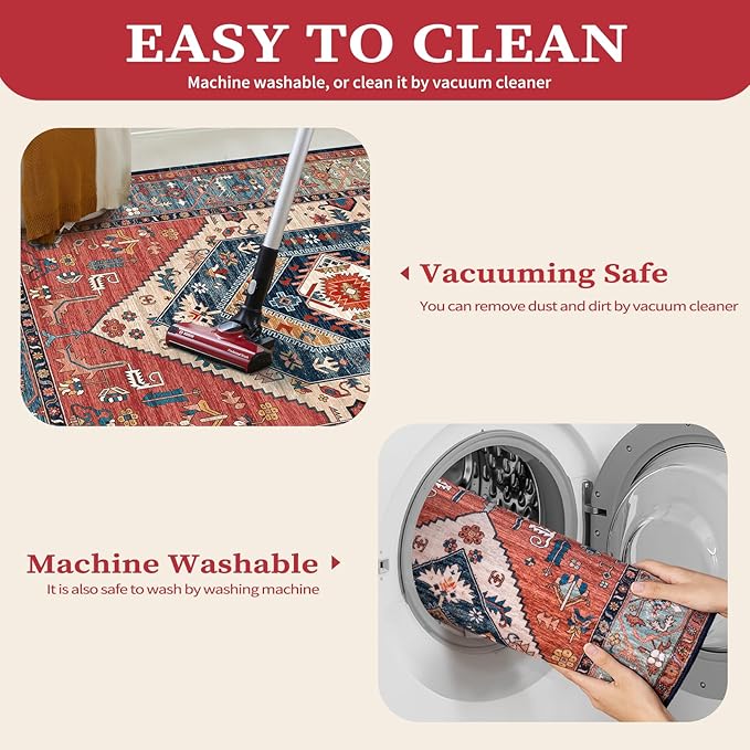 SERISSA 7x10 Area Rugs for Living Room, Large Washable Non-Slip Boho Rug, Ultra Soft Vintage Rust Oriental Tribal Print Distressed Carpet for Dining Room Bedroom Dorm Office Home Decor
