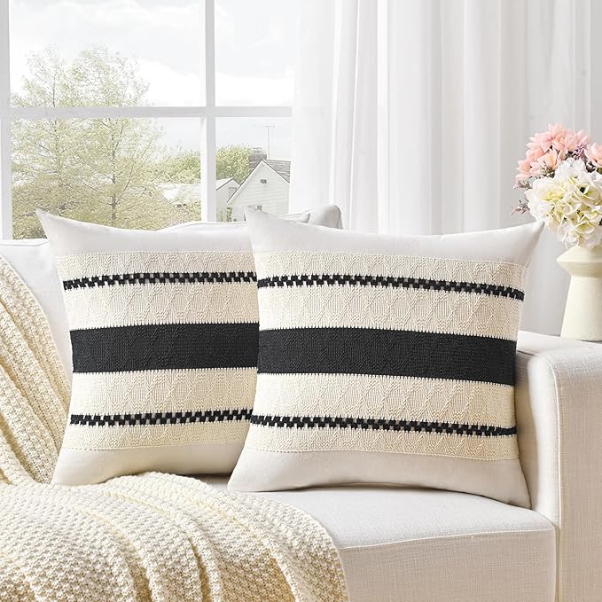 Fancy Homi Set of 1 Boho Black Decorative Throw Pillow Cover 16x16 Inch for Couch Bed Sofa, Aesthetic Modern Organic Farmhouse Home Decor, Soft Cotton Cute Accent Macrame Woven Cushion Case