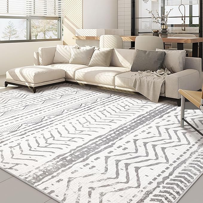 Nakagishi 5x7 Area Rug Living Room: Machine Washable Boho Large Neutral Farmhouse Stain Resistant Indoor Floor Rugs Moroccan Carpet for Bedroom Nursery Dorm Classroom Playroom Dining Room- Grey White